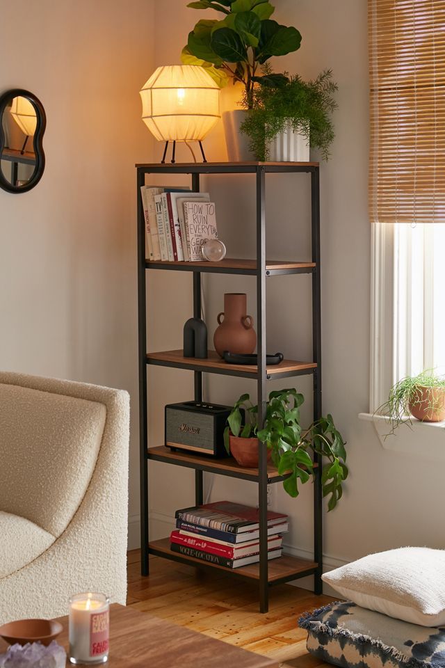 North Avenue Tall 4-Shelf Sindoori Mango and Black Metal Bookcase