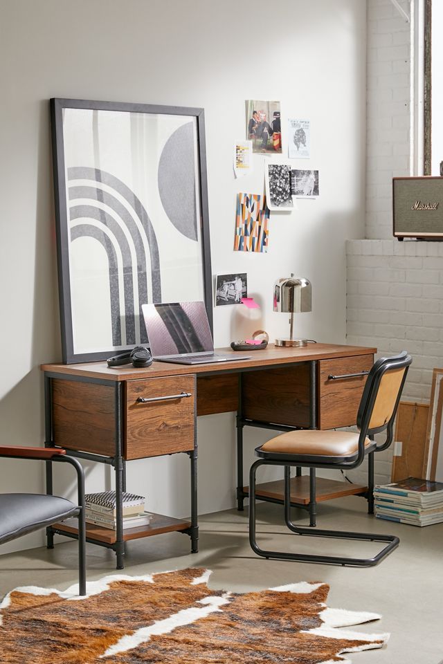 Checked Oak Industrial Double Pedestal Desk with Metal Frame