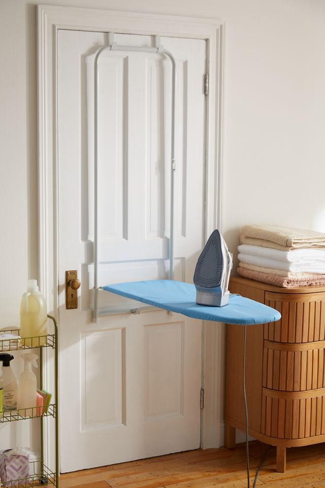 Blue and White Over-the-Door Folding Ironing Board