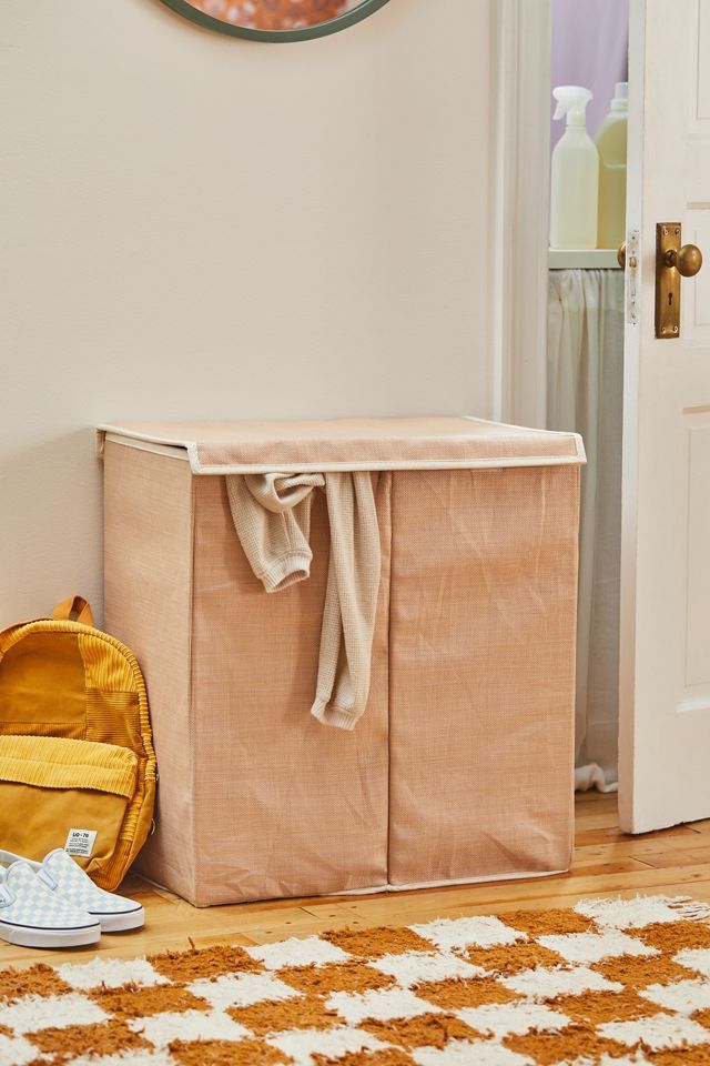 Beige Collapsible Dual Compartment Laundry Hamper with Lid