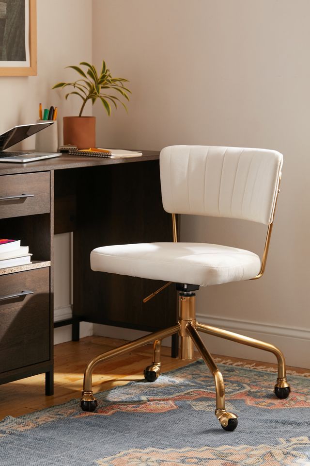 Cream Velvet and Gold Metal Swivel Task Chair