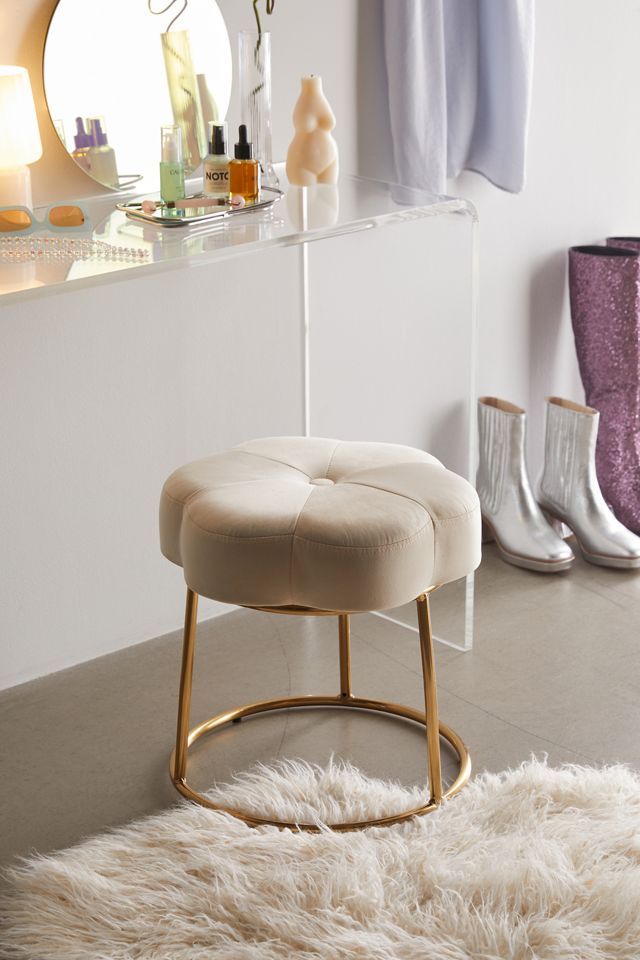 Boho Luxe White Velvet Floral Vanity Stool with Gold Base