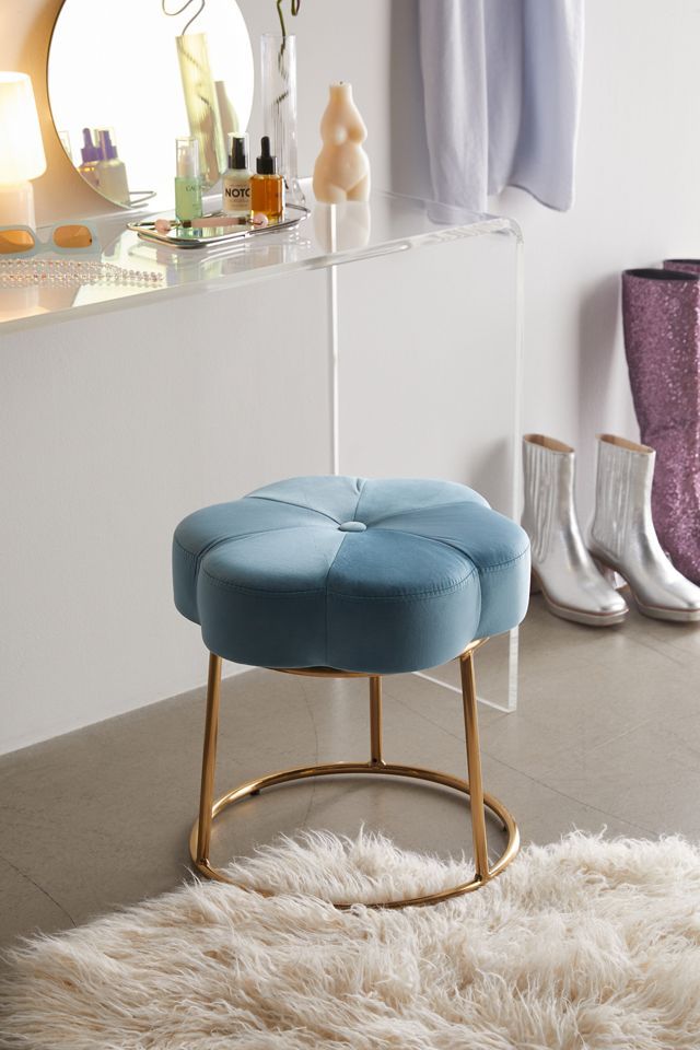 Boho Luxe Light Blue Velvet Flower Vanity Stool with Gold Base