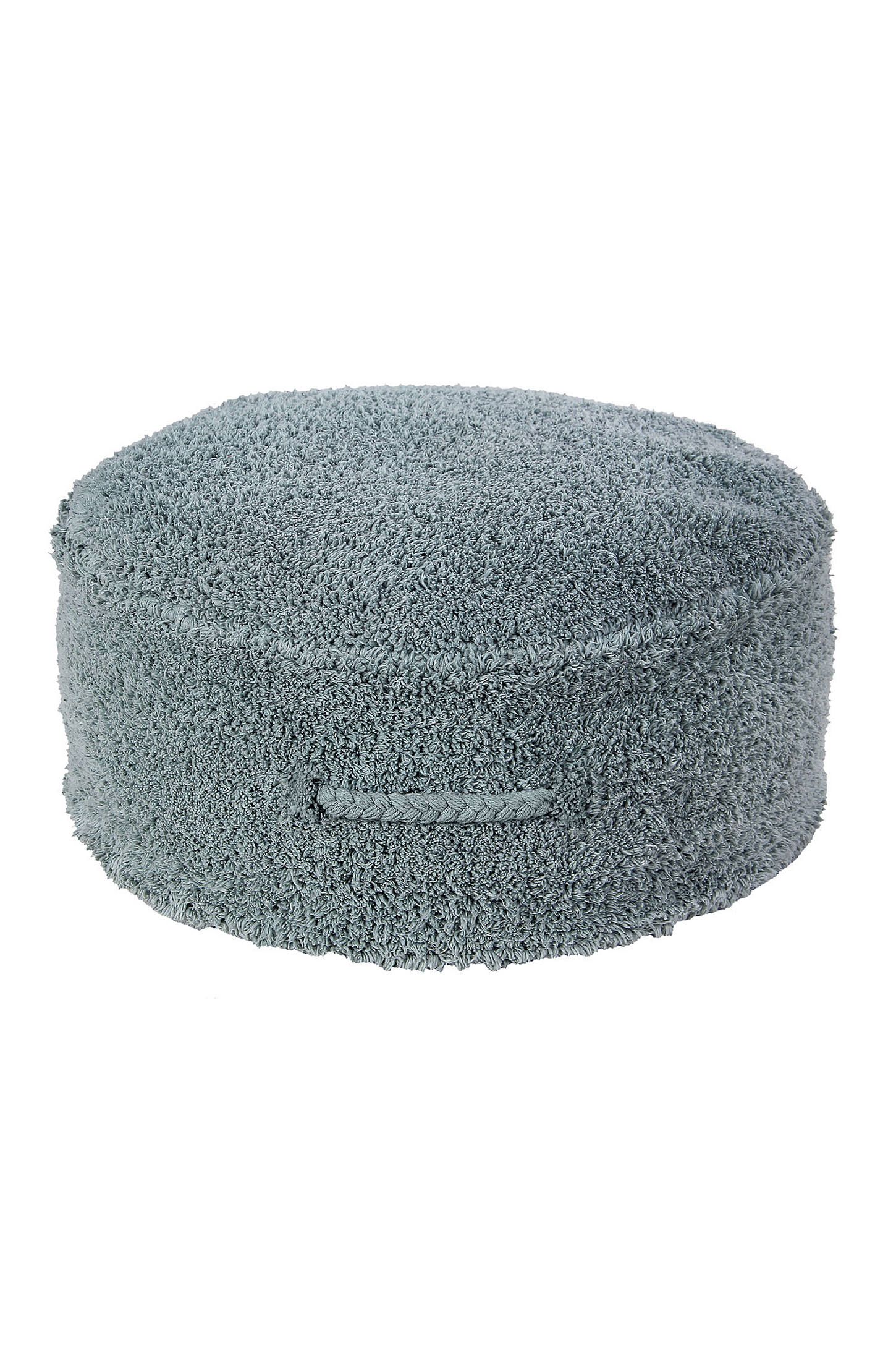 Vintage Blue Round Wool Pouf with Braided Handle