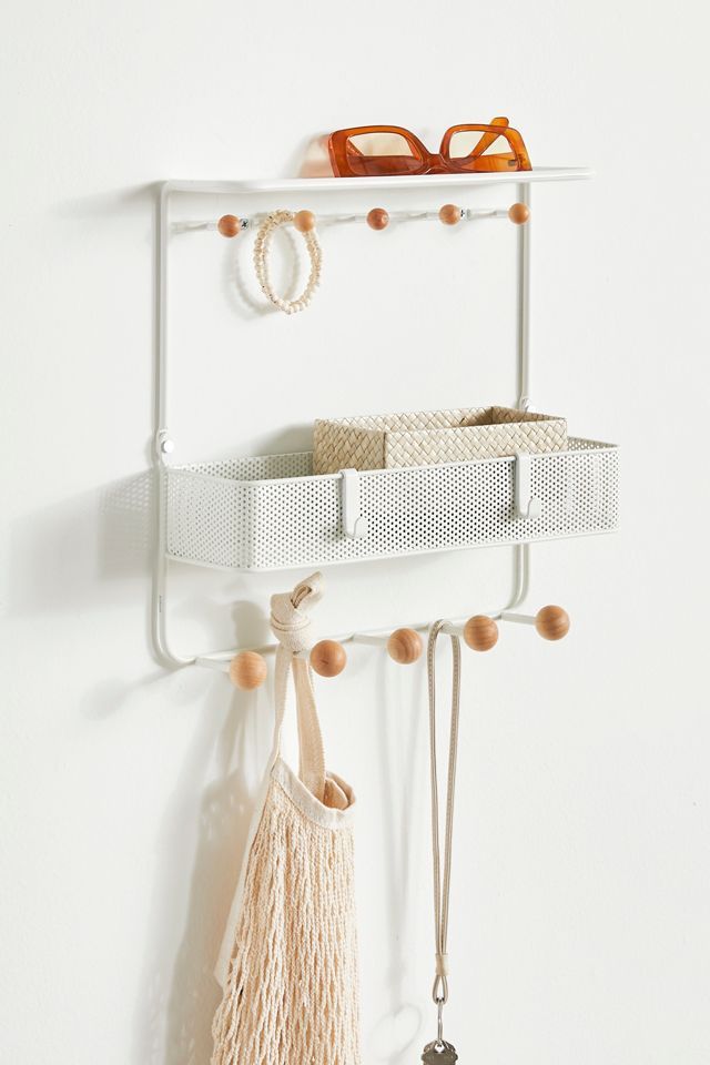 Estique White/Natural 10-Hook Wall Shelf with Perforated Metal Basket