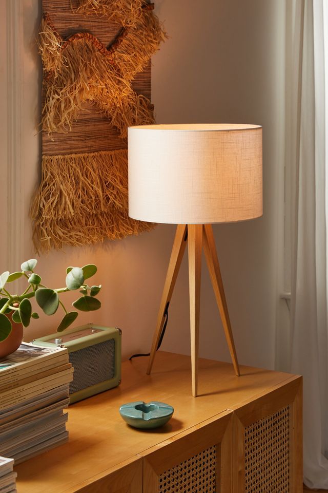 Rustic Natural Wood Grain Tripod Table Lamp with Off-White Shade