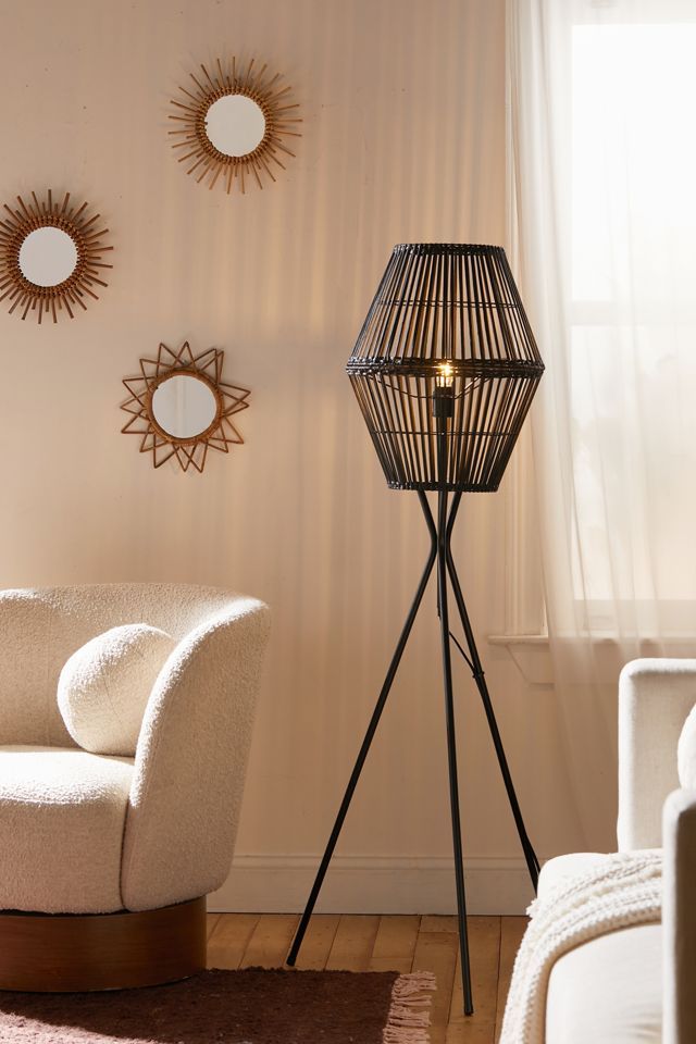 Modern Black Bamboo & Steel Tri-Legged Floor Lamp