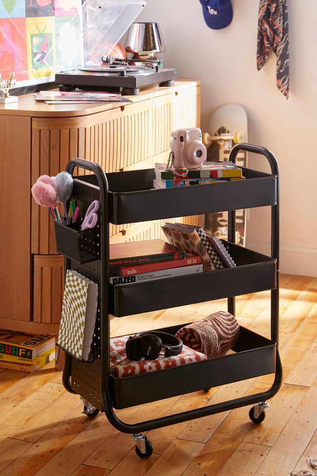 Black Metal 3-Tier Rolling Cart with Pegboard and Accessories