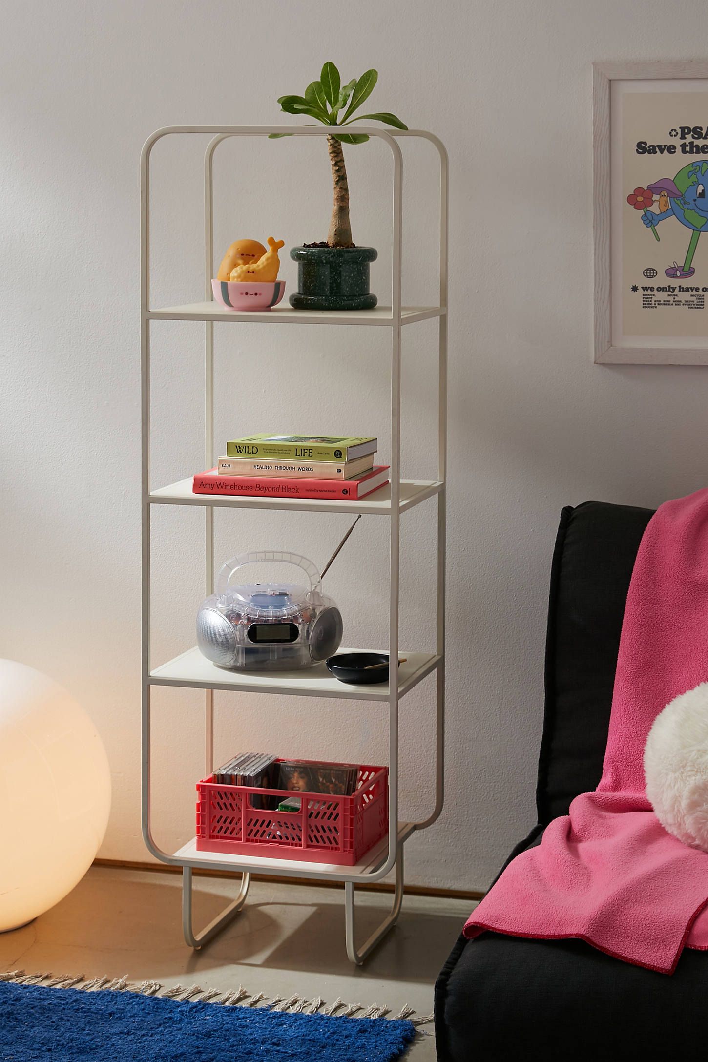 White Iron Narrow Storage Shelf with Curved Edges