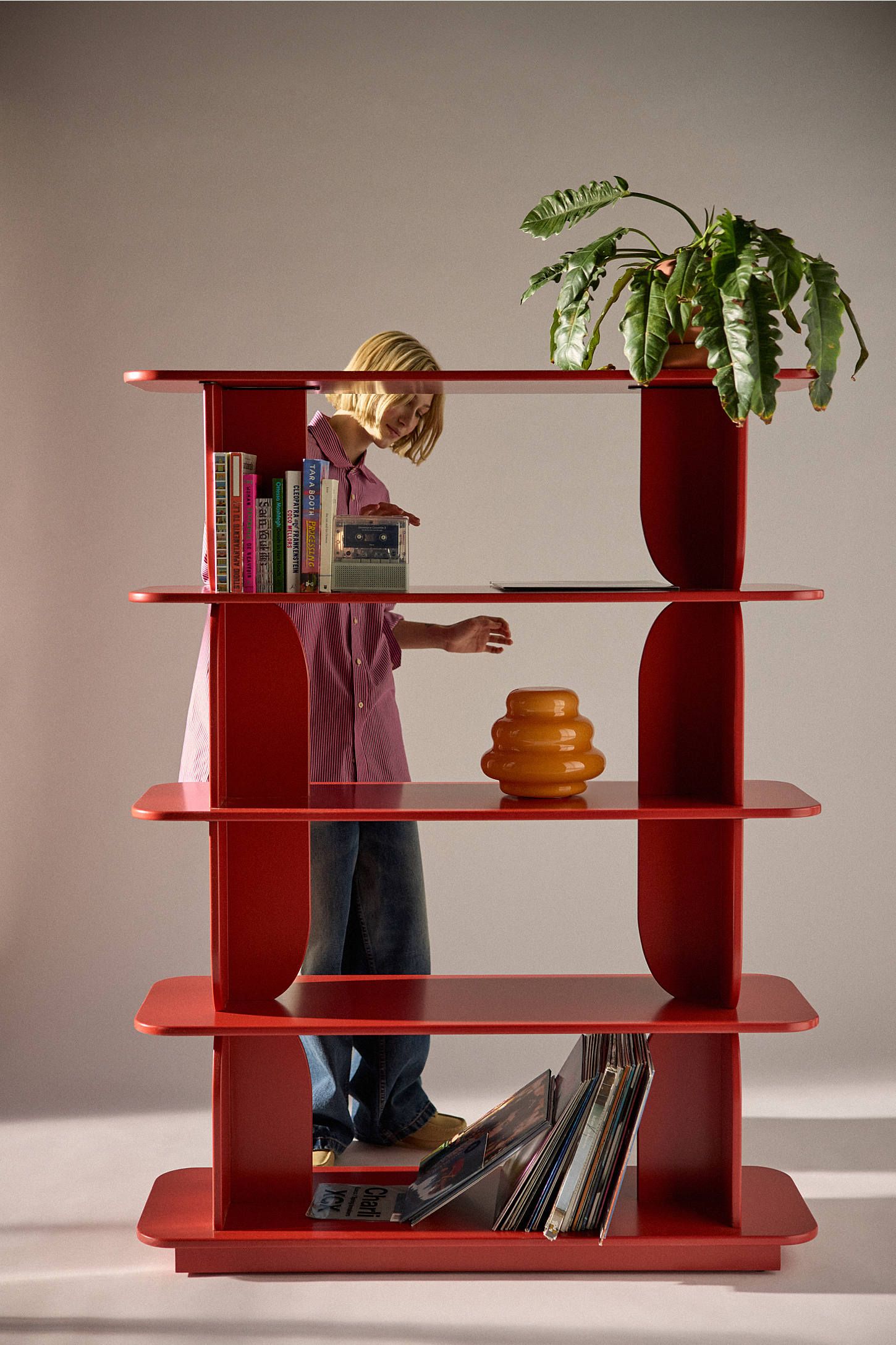 Silas Retro-Modern Red MDF and Solid Wood 5-Tier Bookshelf