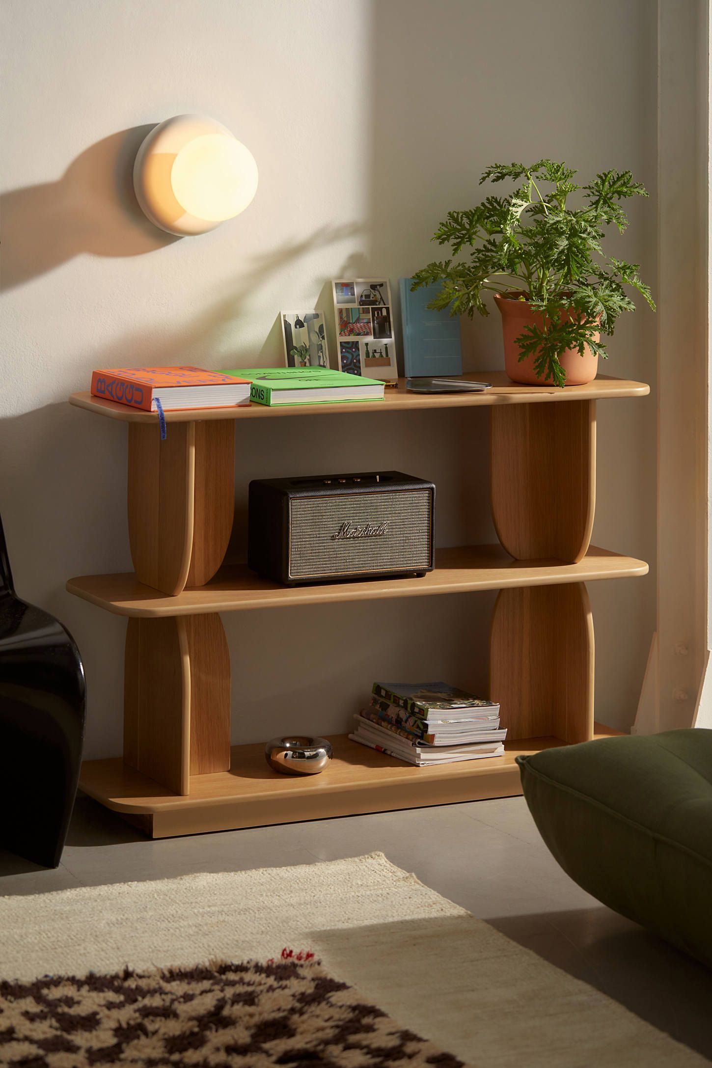 Natural Solid Wood Retro-Mod Storage Console with Rounded Shelves