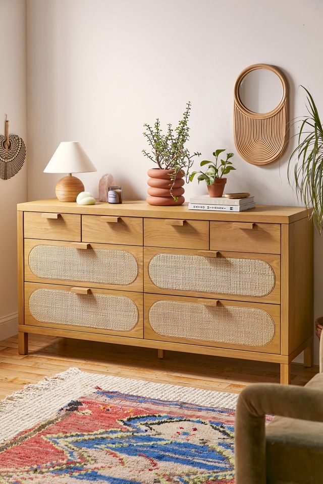 Alder Short Silhouette 8-Drawer Oak and Cane Dresser