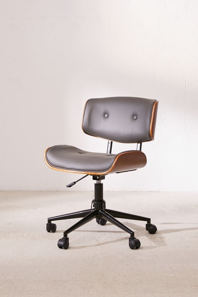 Contemporary Gray Leather and Walnut Wood Task Chair with Swivel