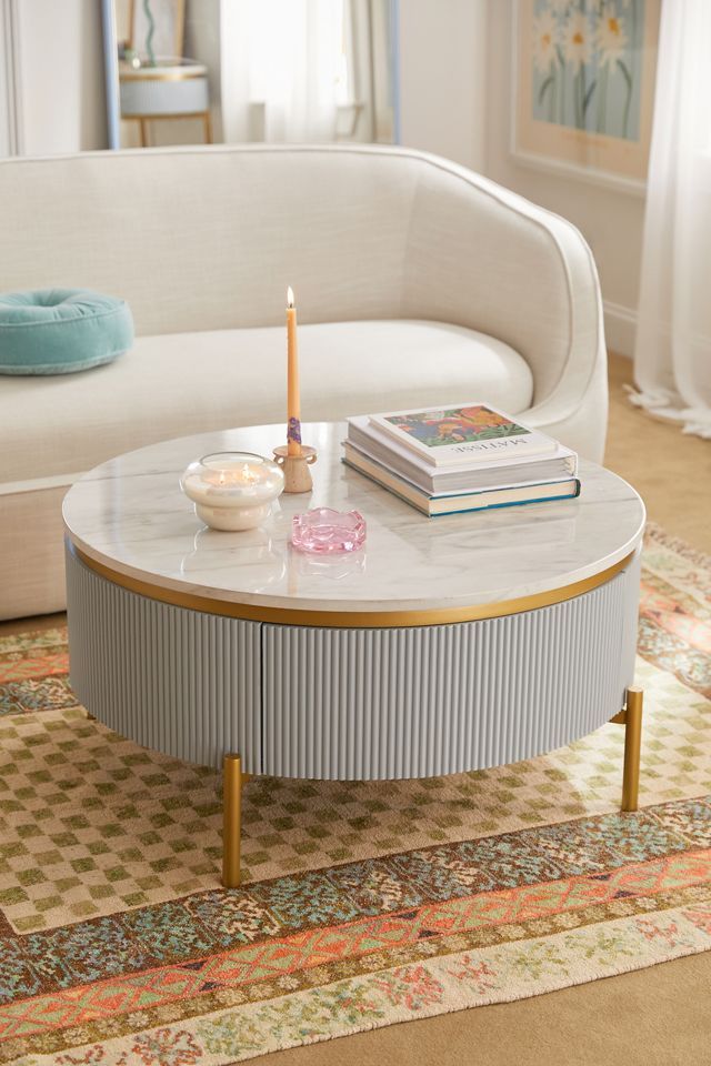 Deco Mist Gold & White Round Marble Cocktail Table with Storage