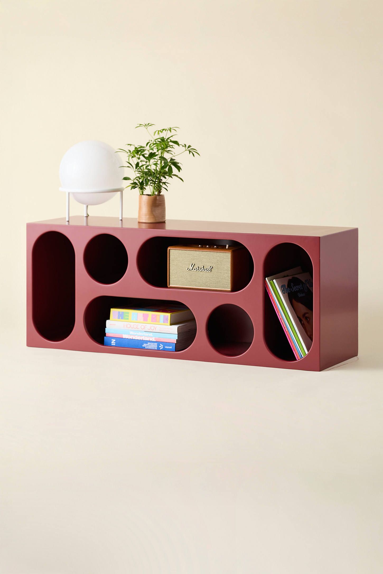Maroon MDF Rectangular Media Console with Circular Shelves