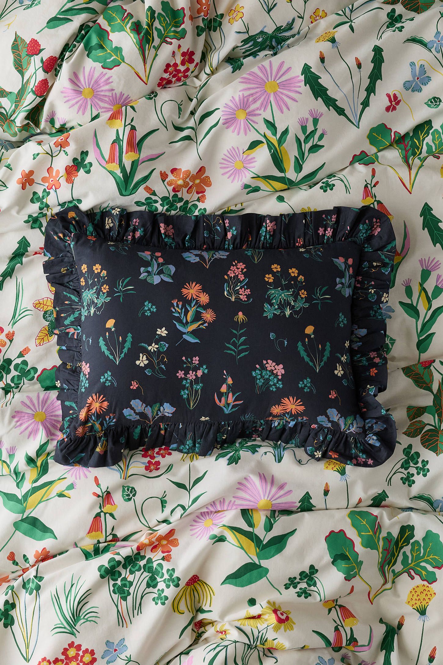 Black Floral Cotton Ruffle Bolster Pillow