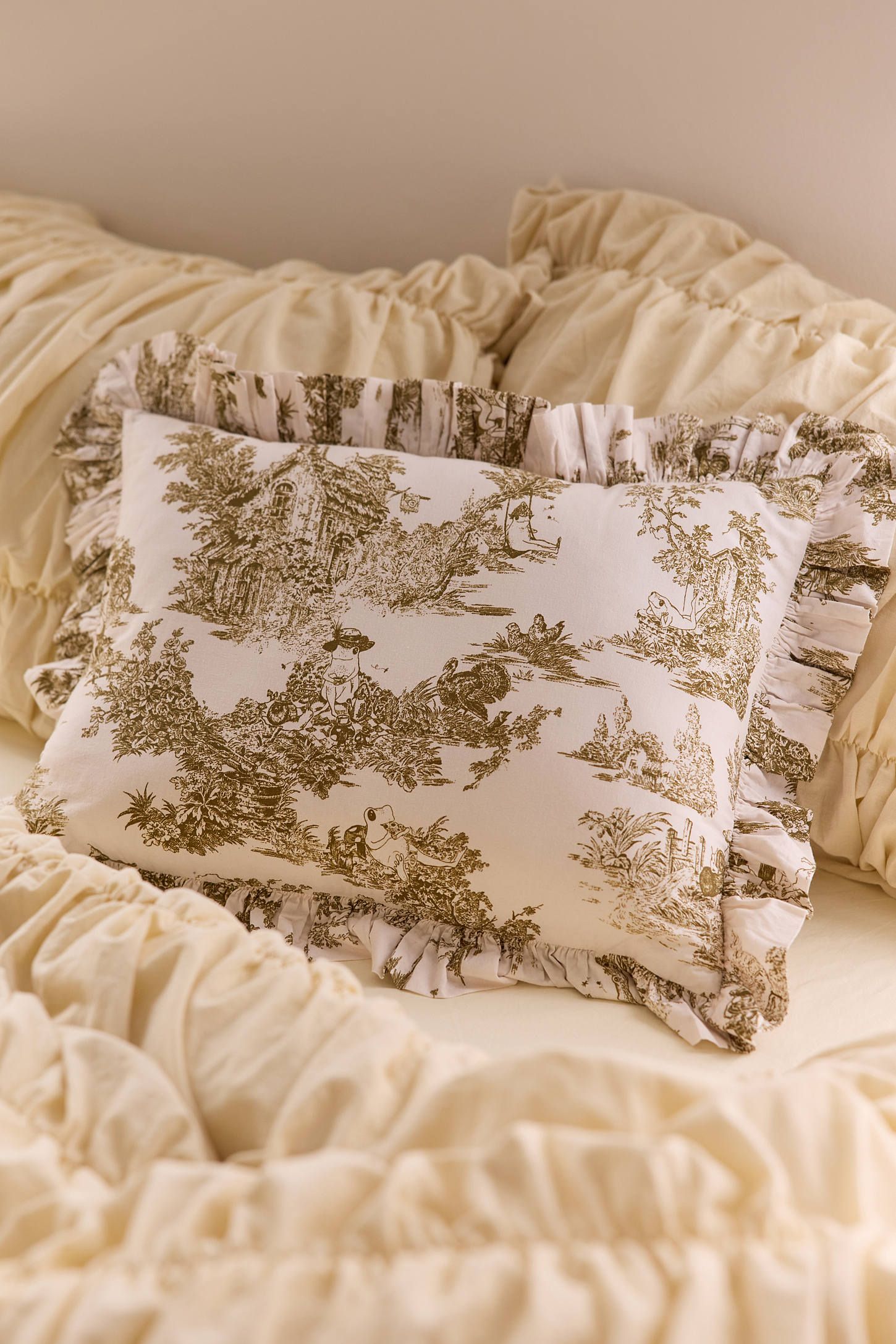 Beige Cotton Floral Ruffle Bolster Pillow