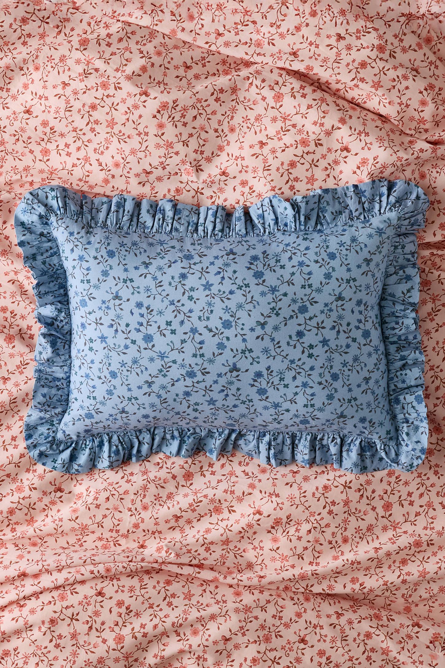 Blue Floral Cotton Ruffle Bolster Pillow