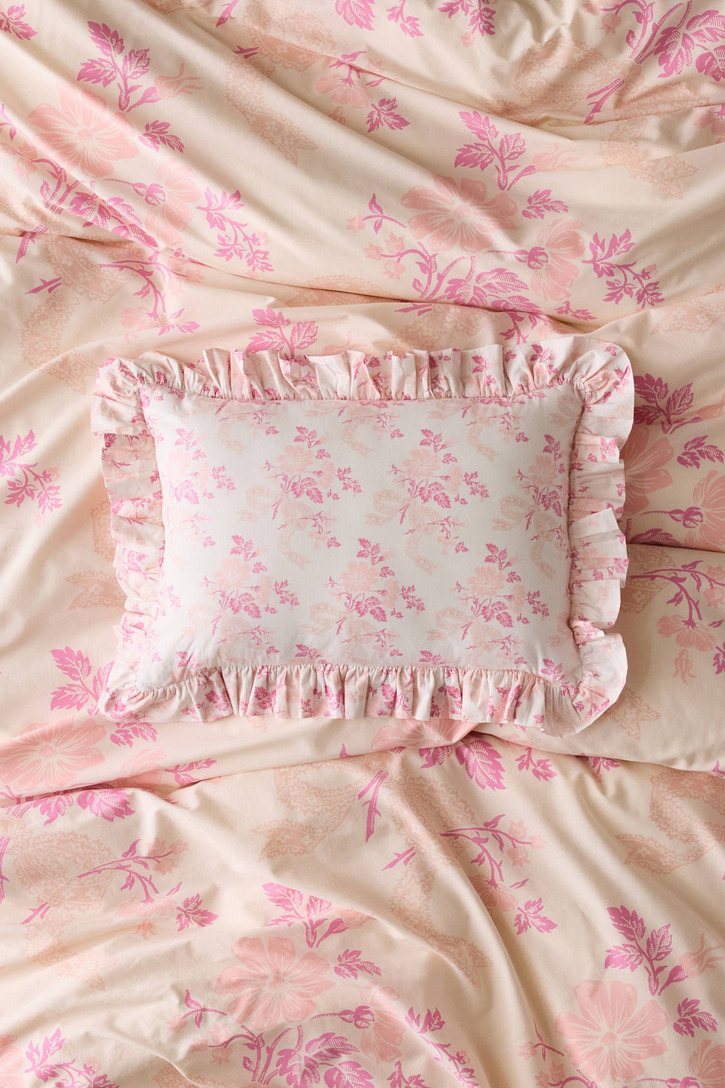 Rose Milk Cotton Floral Ruffle Bolster Pillow