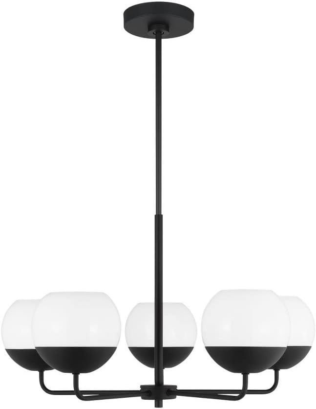 Alvin Midcentury Midnight Black 5-Light Chandelier with Milk Glass Shades