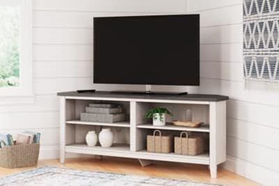 Transitional Two-Tone Corner TV Stand with Shelves and Fireplace