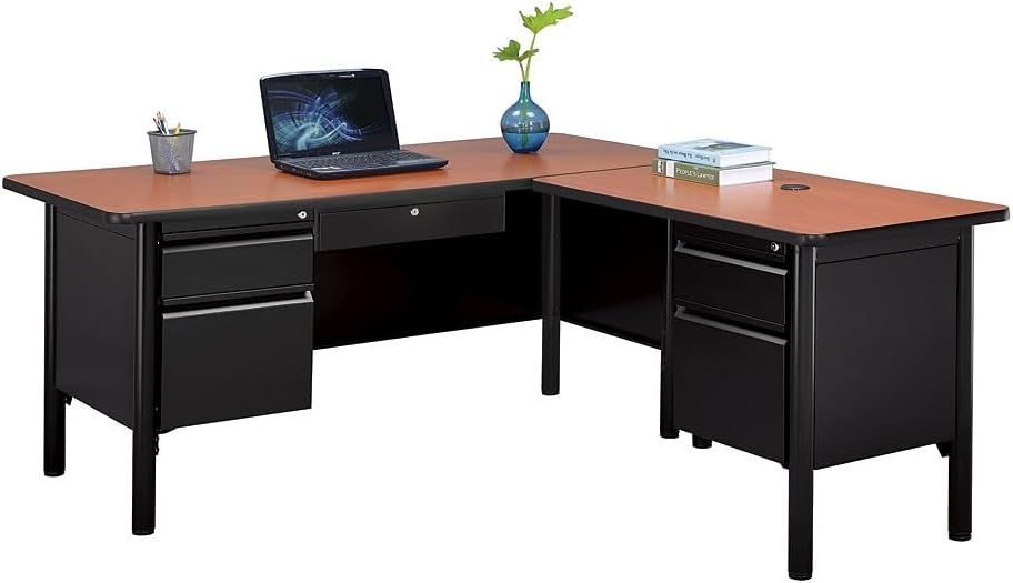 Cherry and Black L-Shaped Executive Office Desk with Lockable Drawers