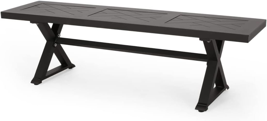 Antique Matte Black Aluminum Outdoor Dining Bench with X-Shaped Legs