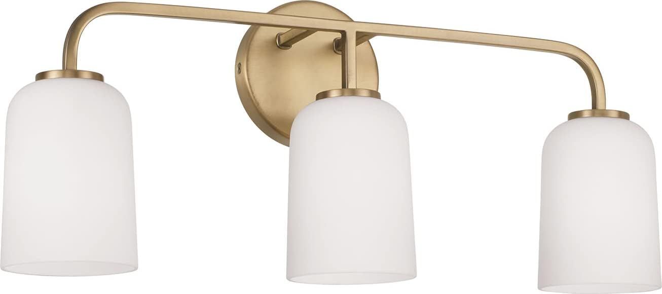 Aged Brass 3-Light Vanity with Soft White Glass Shades