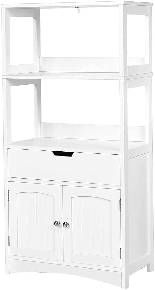 White MDF Floor Cabinet with Shelves and Drawer