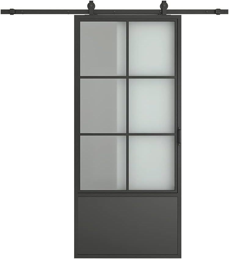 30 in. x 84 in. Frosted Glass Black Steel Frame Barn Door with Sliding Hardware