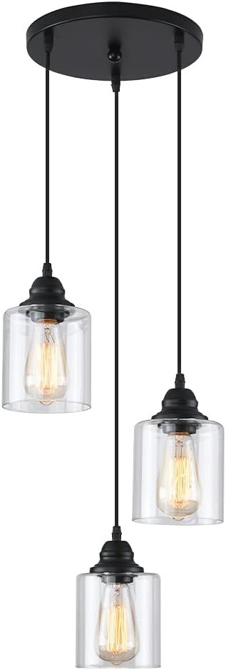 Black 3-Light Glass Shade Industrial Pendant Light