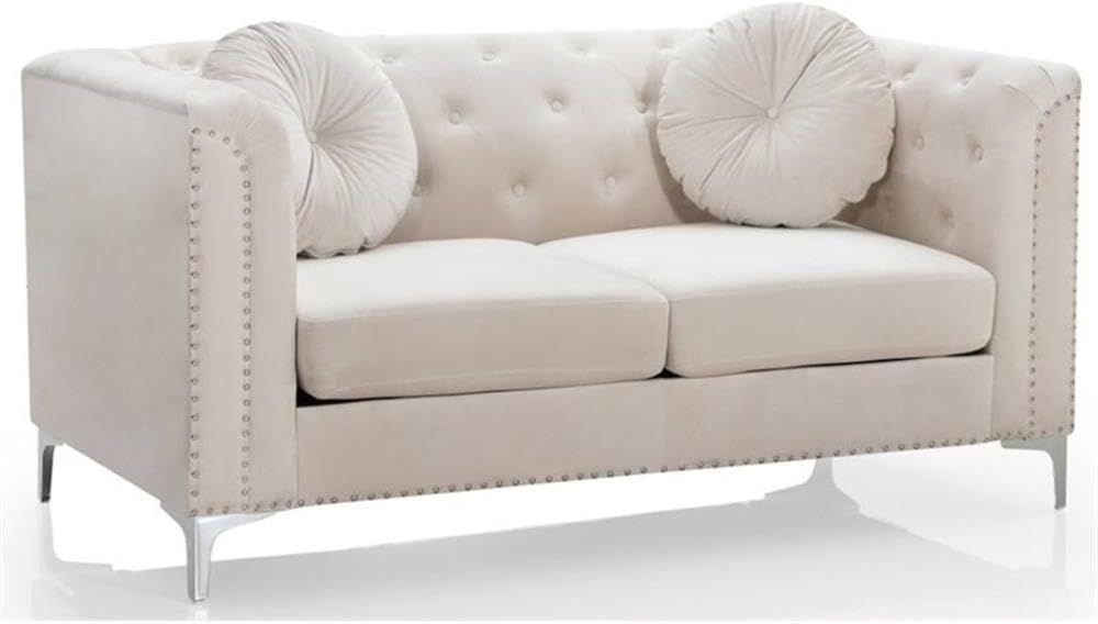 Ivory Velvet Tufted Loveseat with Nailhead Trim