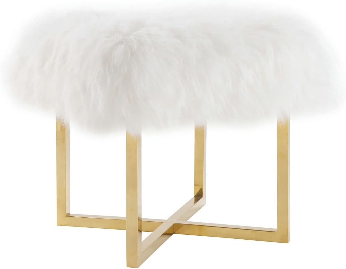 White Sheepskin Upholstered Bench with Gold Stainless Steel Frame