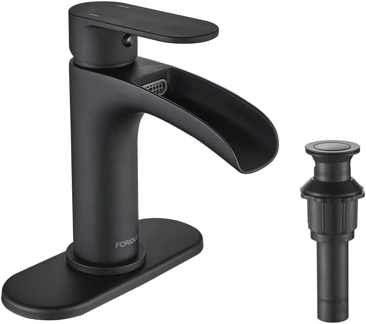 Matte Black Brass Waterfall Bathroom Faucet with Pop-Up Drain