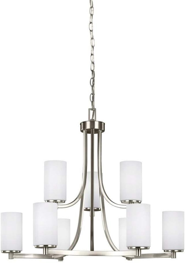 Modern Brushed Nickel 9-Light Chandelier with White Glass Shades
