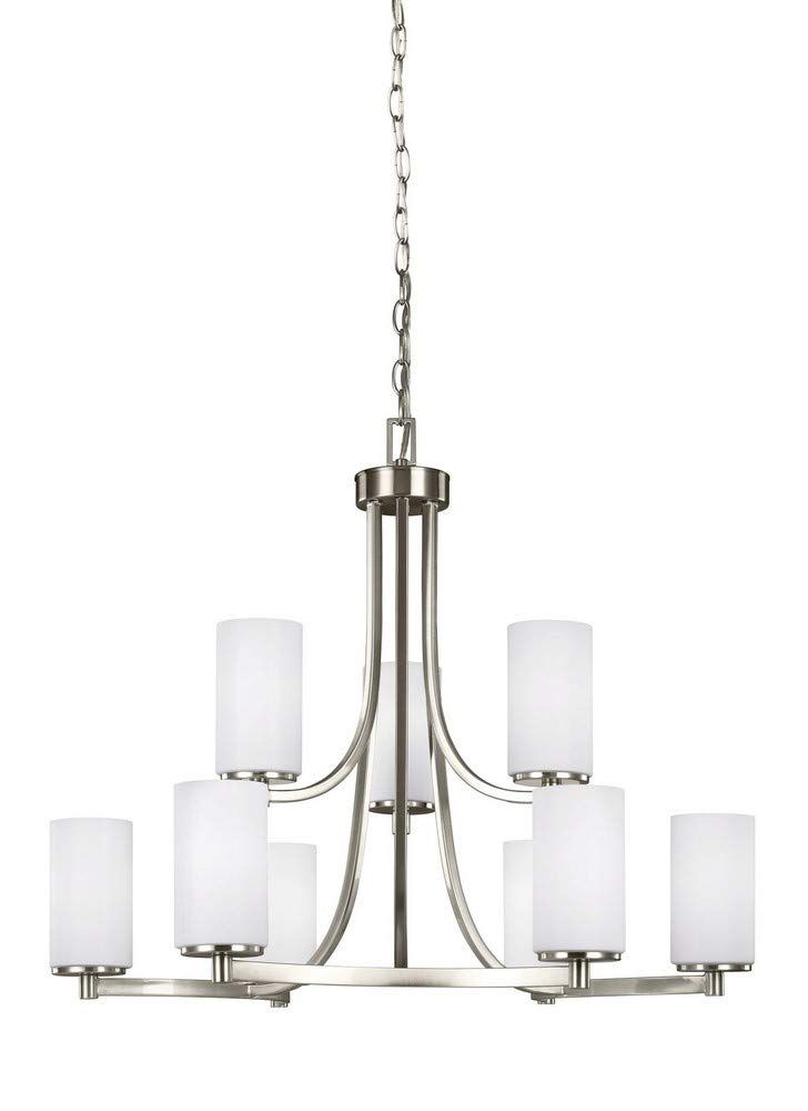Modern Brushed Nickel 9-Light Chandelier with White Glass Shades