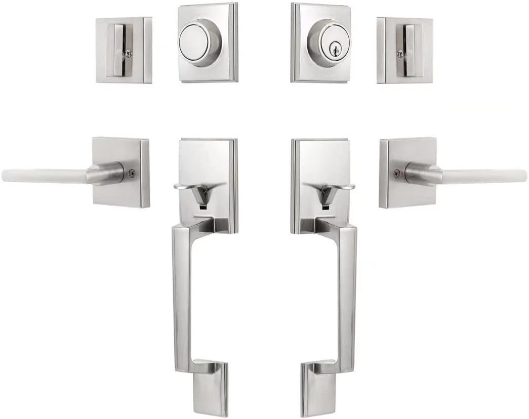 Satin Nickel Modern Double Door Handle Set with Lever