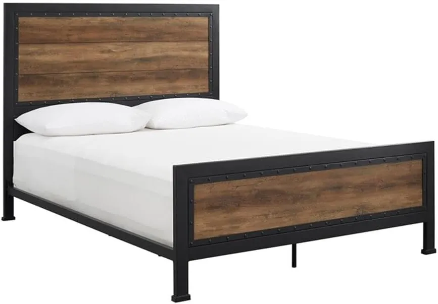 Rustic Oak Queen Bed with Metal Frame and Wood Headboard