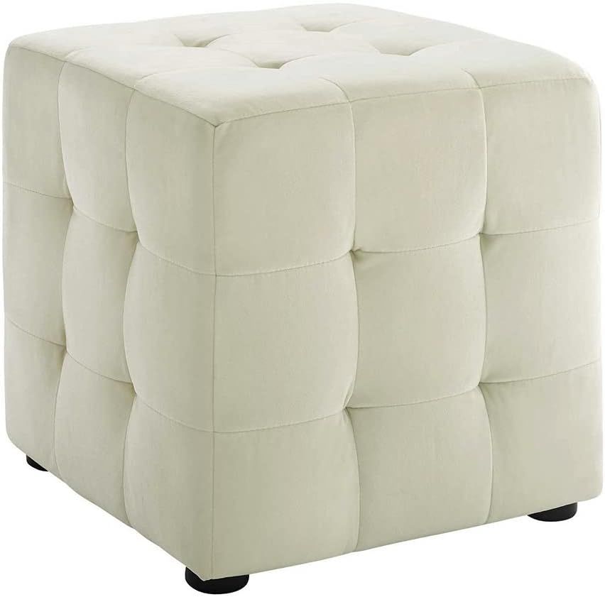 Ivory Tufted Cube Performance Velvet Ottoman