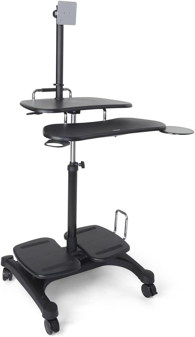 Adjustable Black Aluminum Standing Desk with Cup Holder and Keyboard Tray