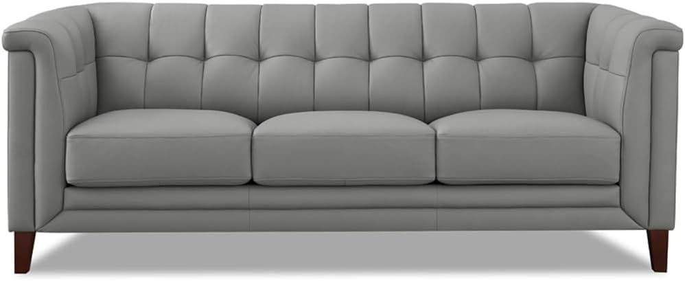 Arvo 84" Silver Gray Tufted Leather Sofa with Wood Legs