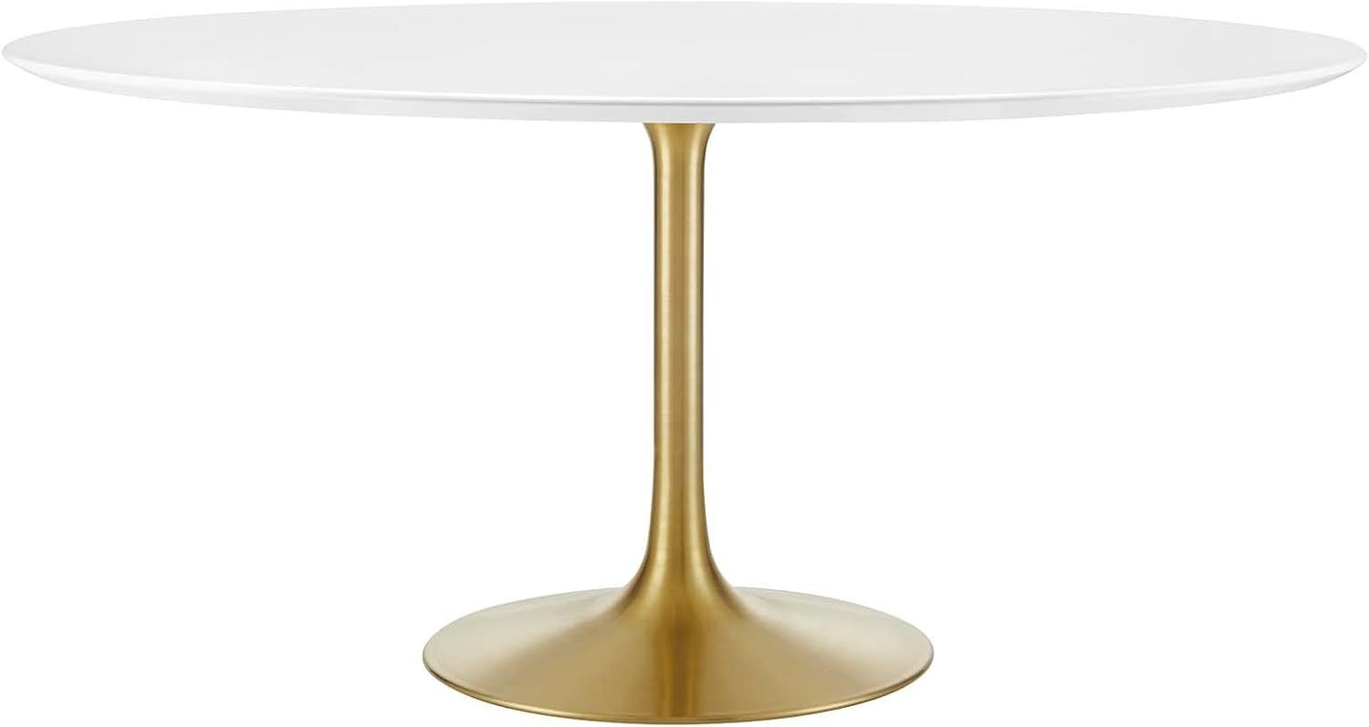 60" Round White Wood Dining Table with Gold Pedestal Base