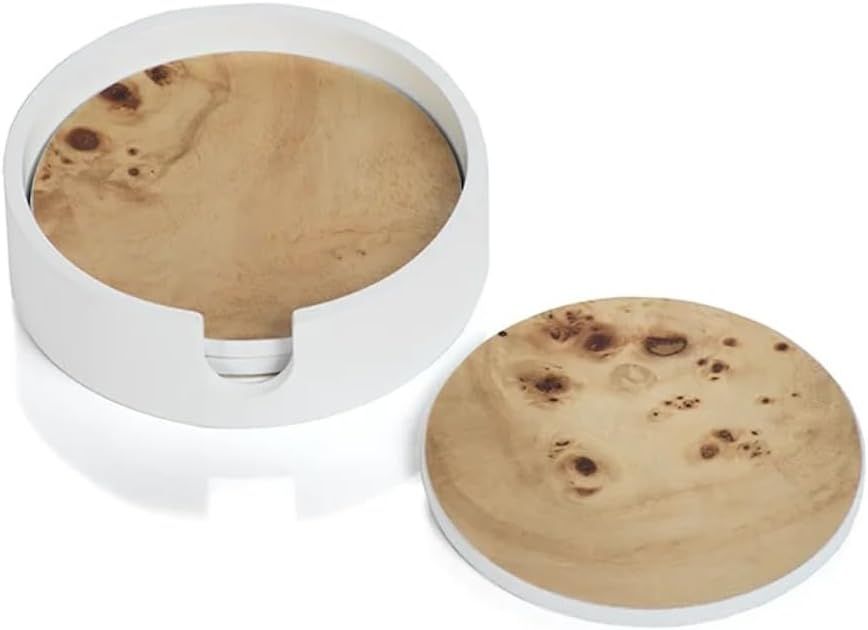 Round Burl Wood Coasters with White Tray - Set of 4