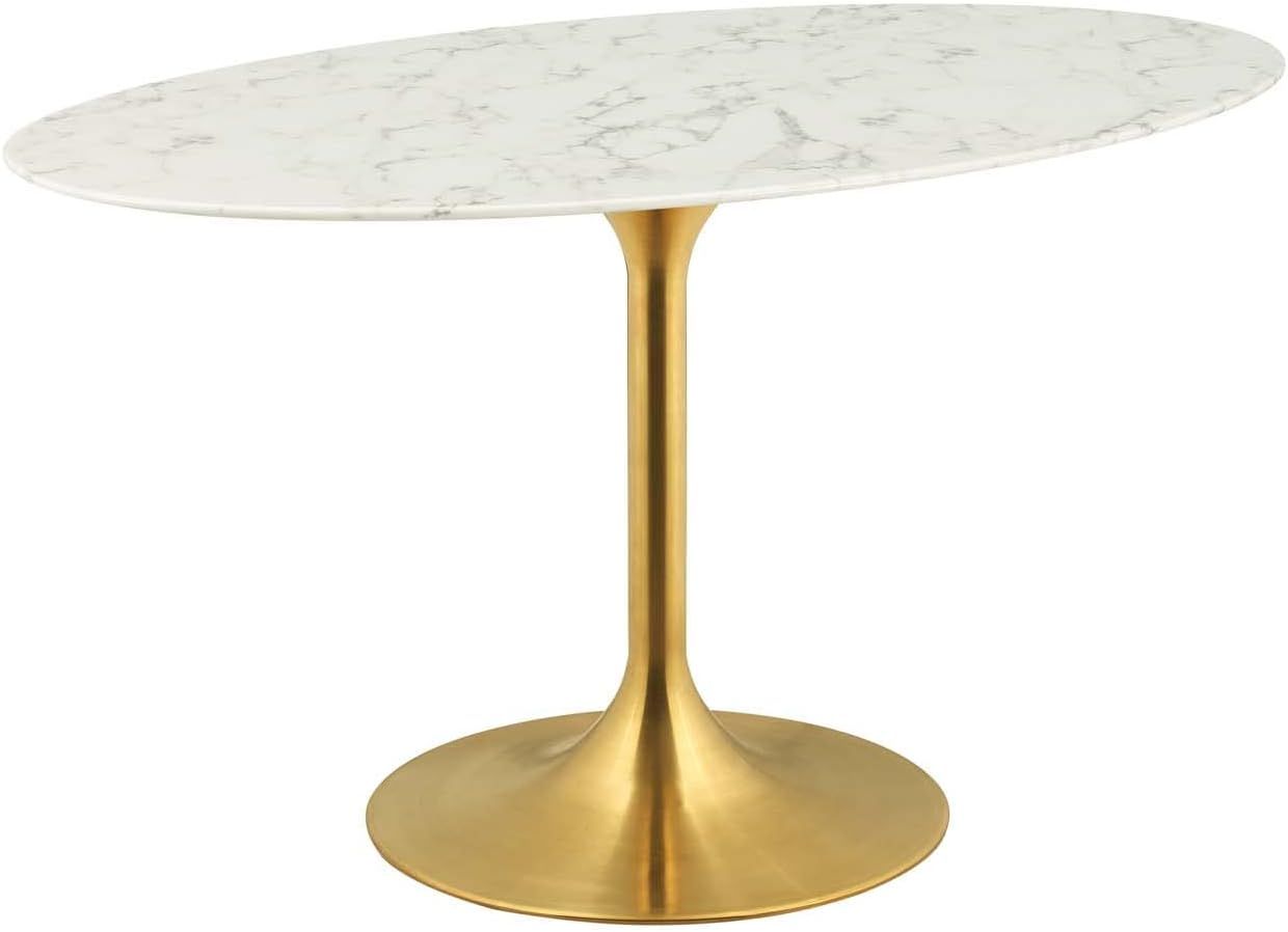 Modway Lippa 54" Oval-Shaped Mid-Century Modern Dining Table with Artificial Marble Top and Gold Base