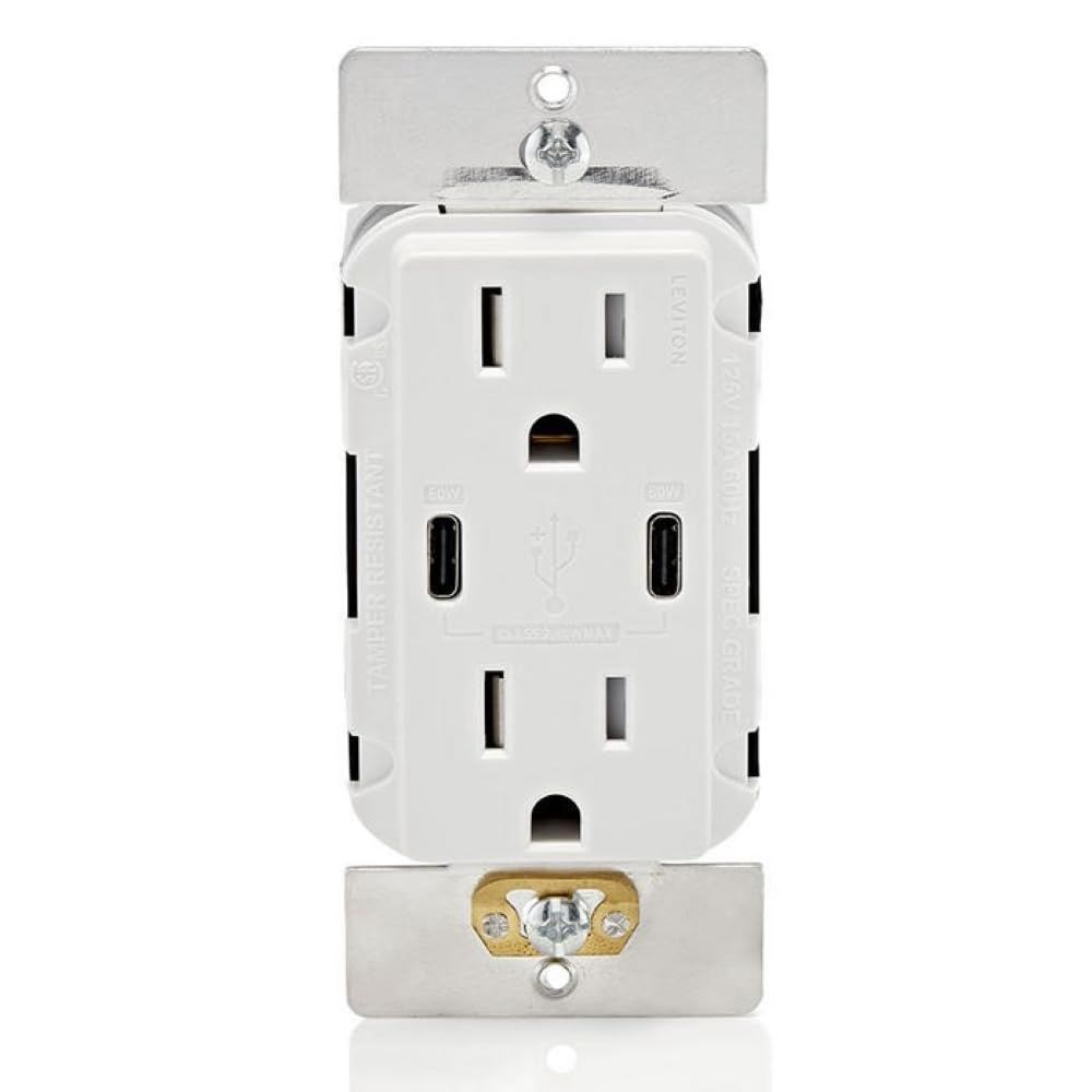 White Thermoplastic Tamper Resistant USB-C Wall Outlet with Wall Plate