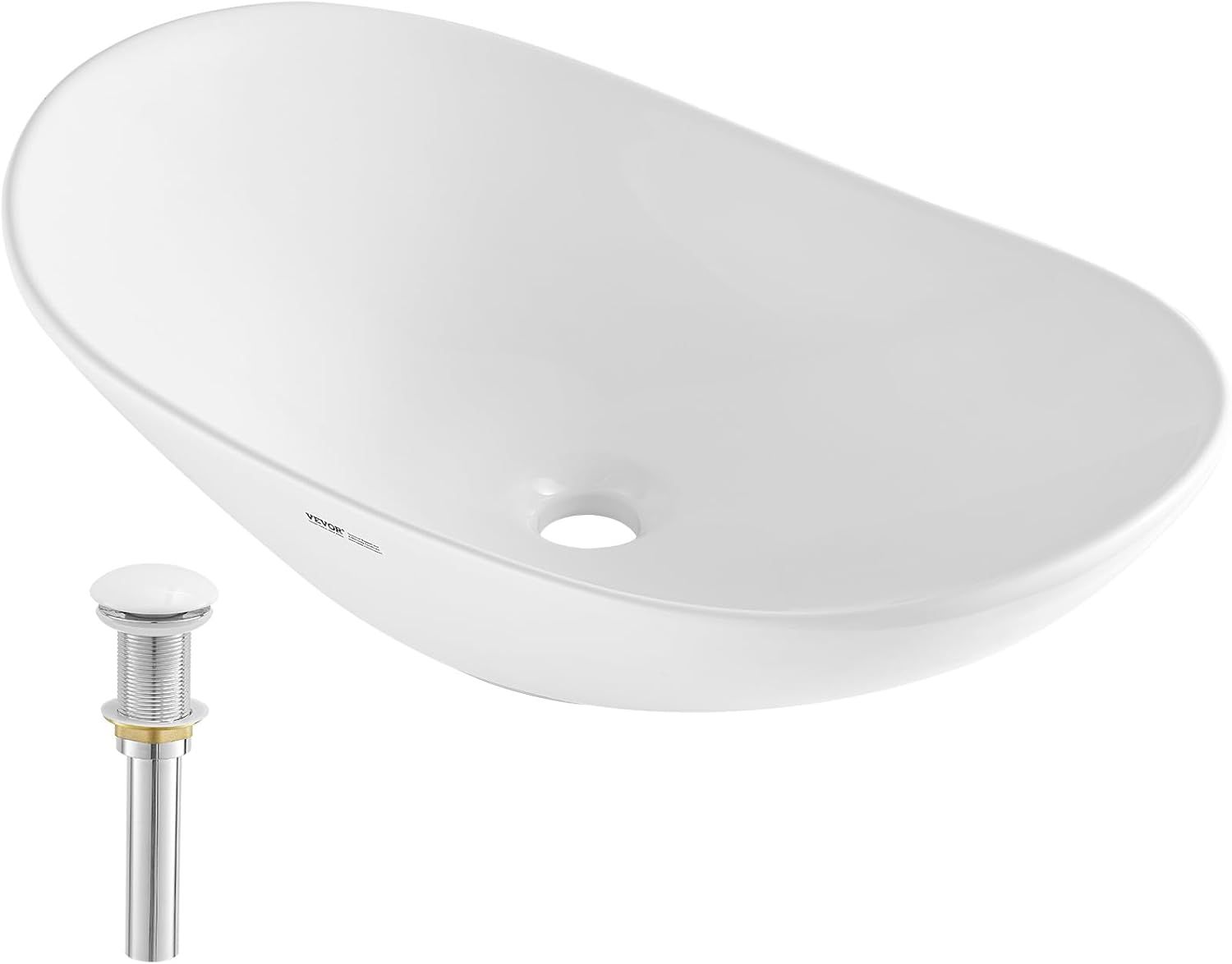 White Oval Ceramic Above-Counter Vessel Sink with Drain