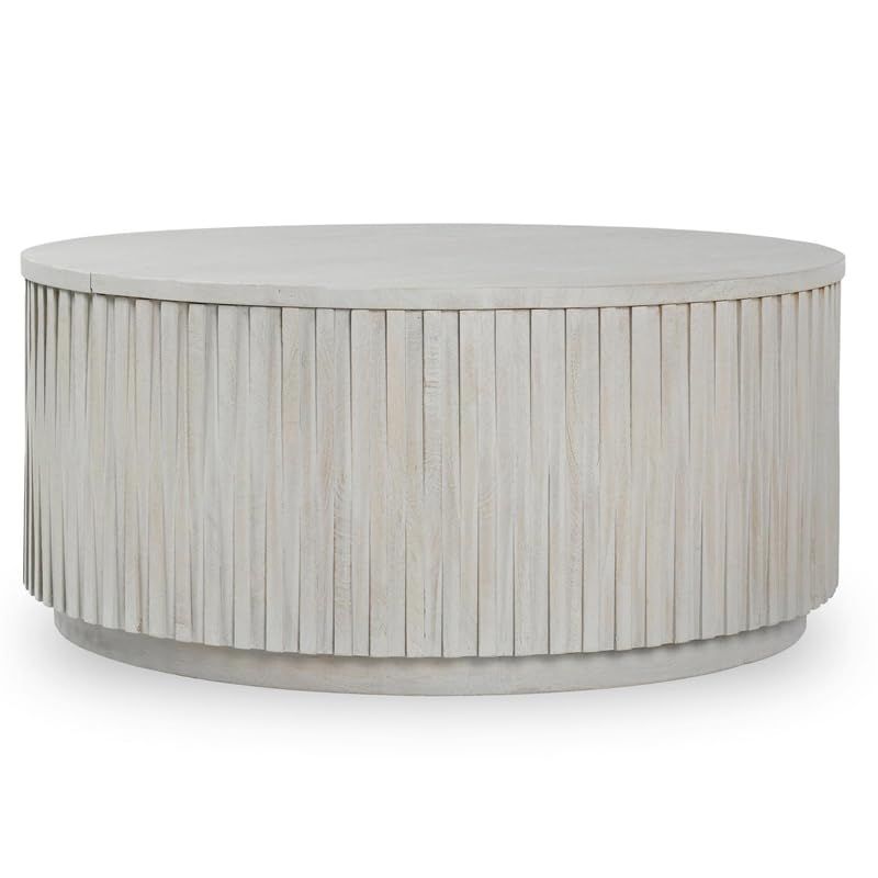 Sunbleached Gray Round Mango Wood Lift-Top Coffee Table with Storage