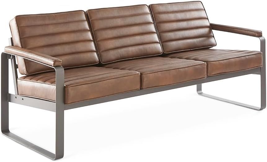 Cognac Brown Three-Seat Lounge Sofa with Charcoal Metal Frame