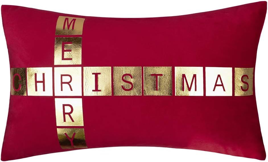 Red and Gold Velvet Christmas Throw Pillow Cover 12 x 20 Inch