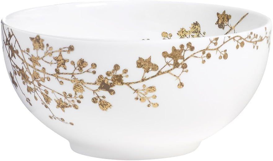 White and Gold Floral Ceramic Soup and Cereal Bowl